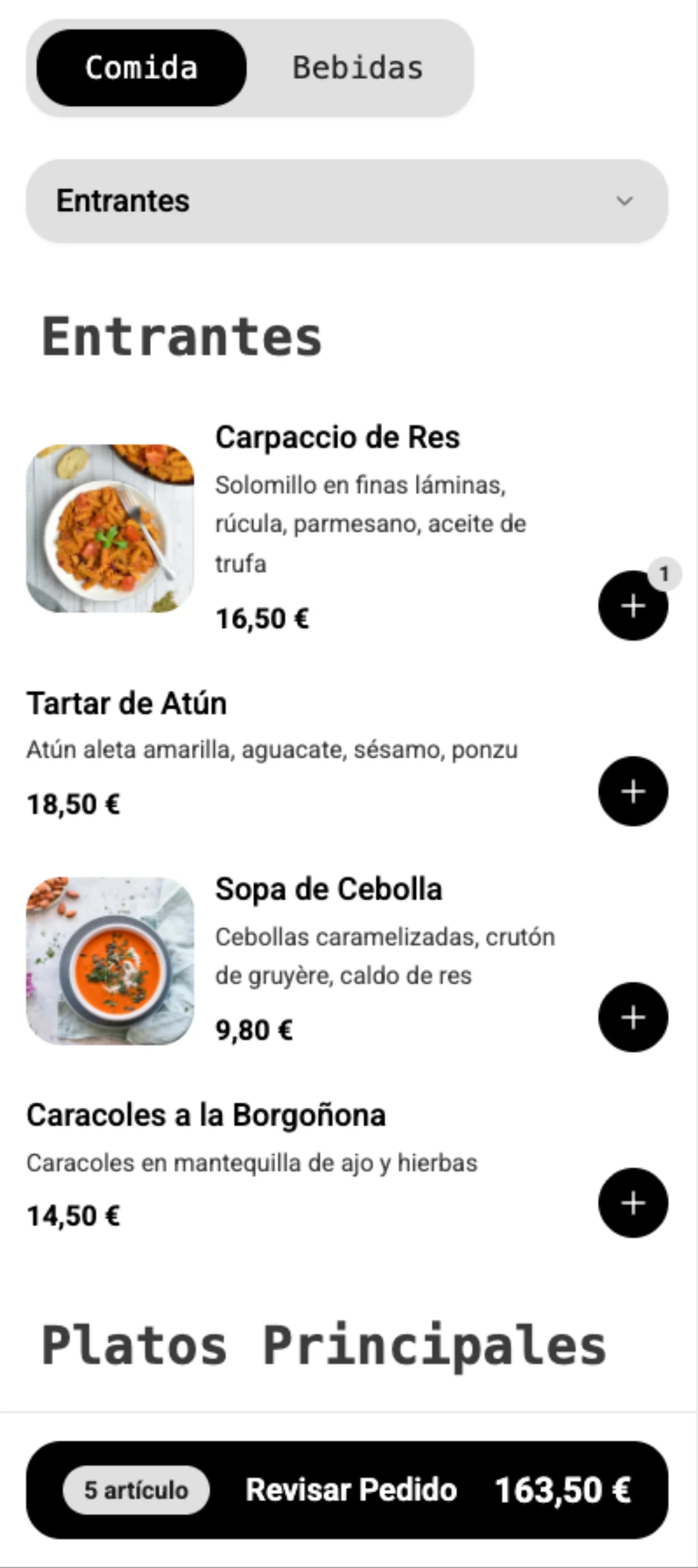 Bistro Gourmet menu example